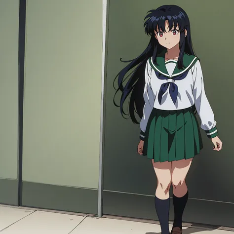 Best quality, masterpiece, ((anime)) ((colored)) HD, Kagome Higurashi, 1girl, school uniform, standing, full body, wallpaper, green SKIRT, long hair, black hair between eyes