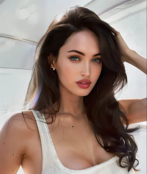 arafed woman with long black hair and a white tank top, portrait young megan fox, angelina jolie, instagram model, beautiful mod...