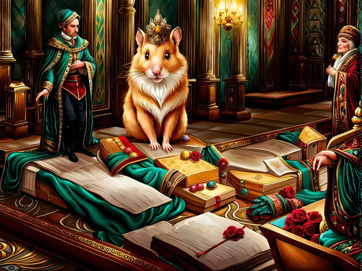 illustration of epic adventurer, hali々Imagine a hamster with, wearing the most elaborate and elaborate costumes, Staring at you with teary eyes, A dreamy room filled with pastel colors and intricately patterned backgrounds, Rendered at highest possible res...