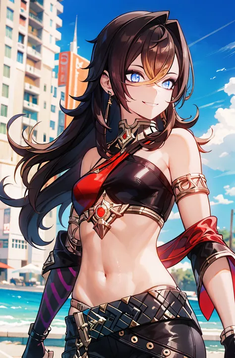 (masterpiece:1.2), (solo:1.2), (female:1.1), (emphasis lines:1.3), brown hair, bare shoulders, outdoors, smile, long hair, navel, armbands