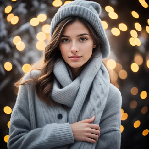 Professional full-length photography, (4K Photo:1.1), (Clear focus:1.3), high detail, muscular beautiful girl:1.2, Perfect anatomy, Perfect symmetry:1.2, Realistic, Realistic face:1.2, Perfect face, content, confident, cozy winter atmosphere, soft snowflak...