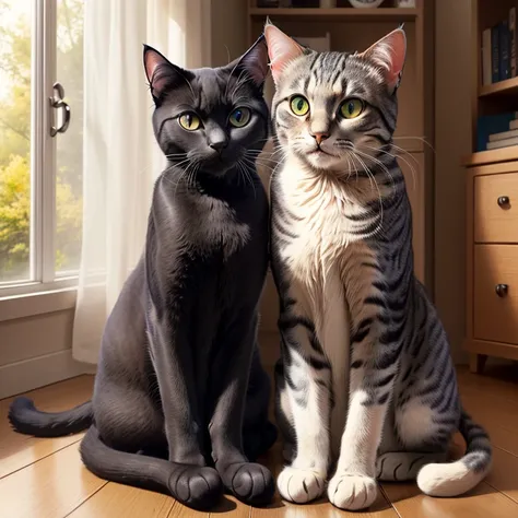 Dark grey cat with grey tabby cat