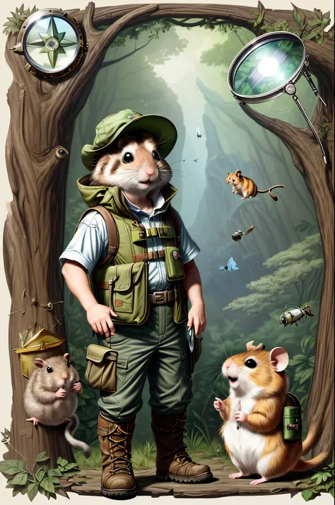 a hamster, (curious and bright:1.2), (explorers outfit:1.3) ready for adventure, khaki hat shielding from the sun, cargo vest pockets filled with wonder, binoculars hang around his neck, compass in hand guiding his way, sturdy boots treading unknown paths,...