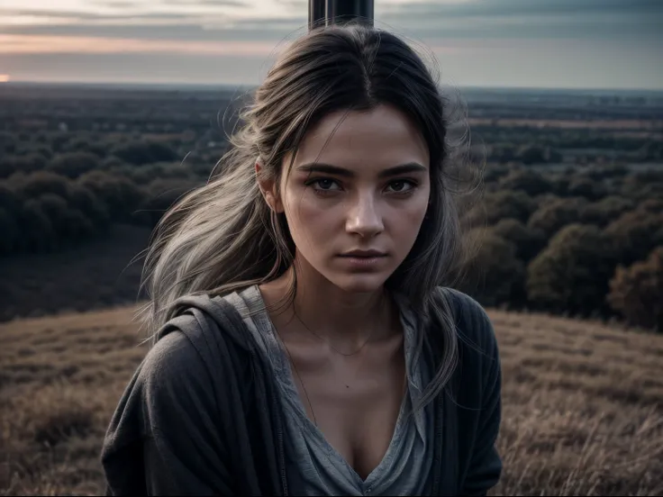 wide angle, from above, we see a woman with short hair sitting at the top of a 300ft. cellular tower, the cell tower consist of various components such as antennas, base transceiver stations, masts, and ground-based equipment, enabling efficient cellular c...