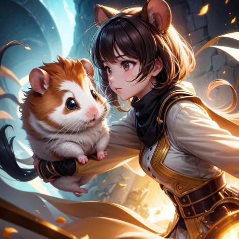 masterpiece, 
best quality, ultra-detailed, high resolution, 
an extremely delicate and beautiful, 
adventure of hamster, Hamster Adventurer, 
dynamic angle, intense angle, cinematic angle, 
professional lighting, cinematic lighting, dynamic lighting,