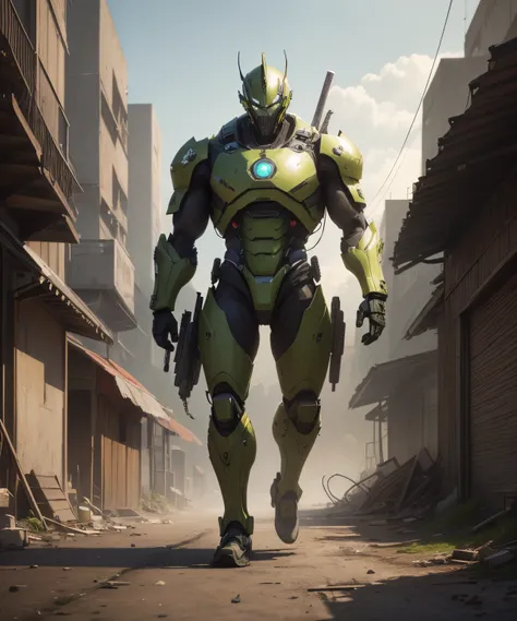 (best quality,4k,8k,highres,masterpiece:1.2),ultra-detailed,(realistic,photorealistic,photo-realistic:1.37),robot samurai (green and yellow), bright colors, in a dystopian city with slums in the background, size of a standard human being, looking at camera...