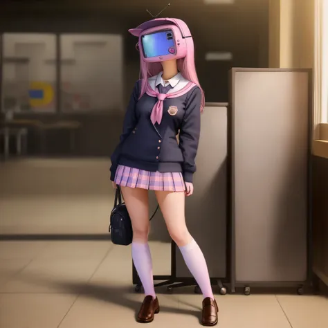 cute sexy fullbody pink schoolgirl suit standing screen head