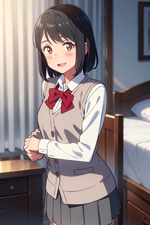 :
1girl, bangs, black hair, blush, bow, brown eyes, collared shirt,white long sleeve shirt, short hair, undressing grey vest, short skirt, long sleeves, puffy sleeves, red neckerchief, smile, open mouth, looking at the viewer, bedroom, curtain, cowboy shot