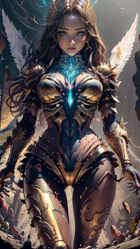 (tmasterpiece), Wearing a full set of golden angel armor, top-quality, Expressive eyes, s the perfect face, Red skin, Feathers on legs and arms, Angel woman, Light magic, Light Ball Palm Spell, 8K_the wallpaper, highly detail eyes, The body details are ver...