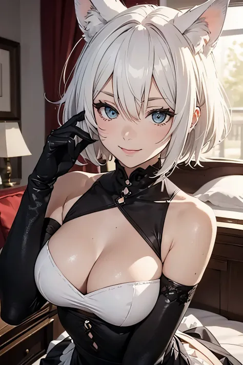 masutepiece　high-level image quality　Top image quality　8K　adult lady（Soio）　Black long gloves（（Nero）（Long gloves）（both hands over））　Black stockings（（Nero）（stockings）　maid clothes（（sleeveless）（Nero）（frilld））　White wolf ears　shorth hair（（short-cut）（White hair...