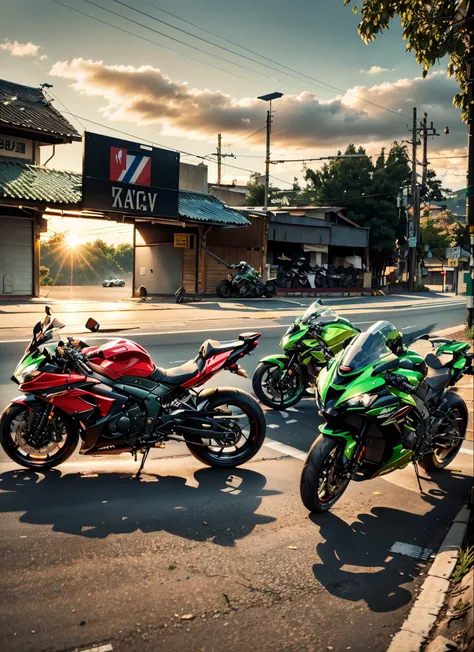 there are three motorcycles parked in a row on the street, motorcycles, kawasaki, one motorbike in center of frame, powerful scene, r6, riding in the town of doom, race, kawaai, video, looks smart, riding on the road, motorcycle, in front of a garage, supe...