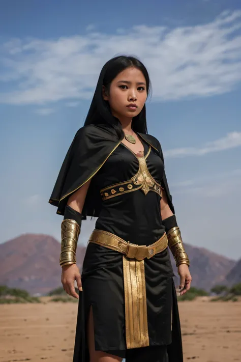 (8k, RAW photo, best quality, highres:1.2), (realistic, photo-realistic:1.37) , Burmese female, Burmese, cape, armor, weapon,solo, 1girl,