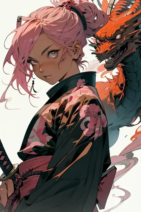 A female Samurai, pink hair, holding her Katana with her mechanical hand, looking at the viewer, her sword is dripping blood after the battle, she is accompanied by a red dragon robot, fire flames and smoke at the background, ancient Japan