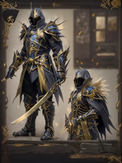 Design a male knight character with a strong sense of justice. golden+Black armor, Stylish and unique. Holding a huge sword. Volumetriclighting, Realist breakthrough (tmasterpiece:1.2), (Best quality at best), 4K, ultra - detailed, (dynamic compositions: 1...