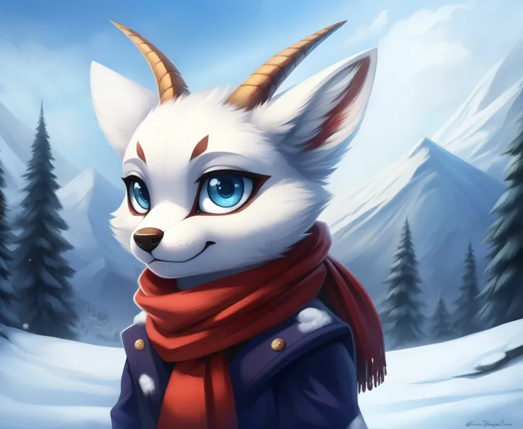 Style-NebMagic, Portrait of a cute furry little arctic fox in the snow，Wearing a scarf made of Style-SylvaMagic, Ismail Inoglu, antelope, JamesJean, Anton Fadeev and Yoshitaka Amano, extremely detaile, 8K分辨率, number art, Hot topics on artstation, vivd colo...