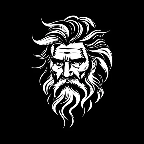 One with long hair、Black and white image of bearded man, A male bearded face, , stoic face, black and white vector art, emblem of wisdom, The simplest stroke，old man&#39;s head, Smart old man, Bearded face