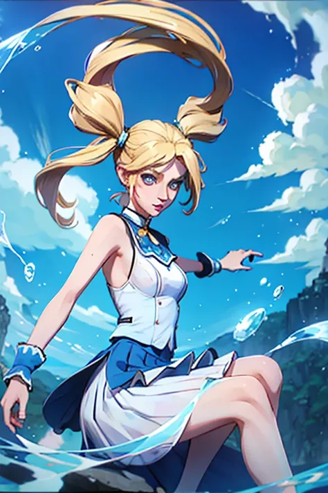 young woman, long curly blonde hair, white dress, pigtails, blue eyes, poofy blue skirt, controlling water like waterbending