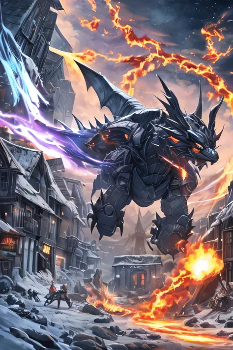 black dragon robot, cartoon, anime, high quality, destroy a village, ice area --auto --s2