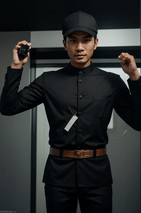 handsome Indonesian man wearing a cap and wearing a black suit waving, looking at the camera, realistic, 3d render, high resolution, 4k, potography, cinematic