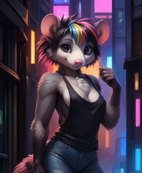 by kenket, by totesfleisch8, (by thebigslick, by silverfox5213:0.8), (by syuro:0.2), (by qupostuv35:1.2), (hi res), ((masterpiece)) , ((best quality)), illustration, furry, opossum, animal ears, body fur, 1girl, solo, colorful_hair, short hair, shaggy hair...