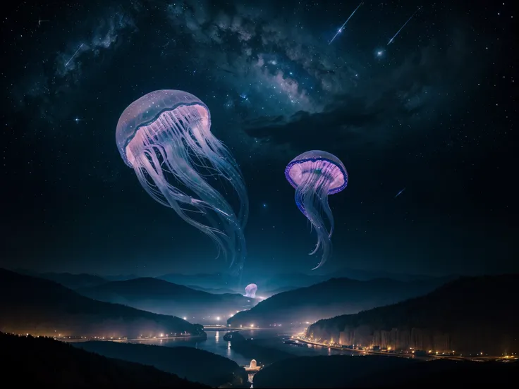 High level of image quality, Fantasy photos, (Giant jellyfish), Astronomical beauty, shining moonlight, Lots of galaxies and asteroid lights in the background