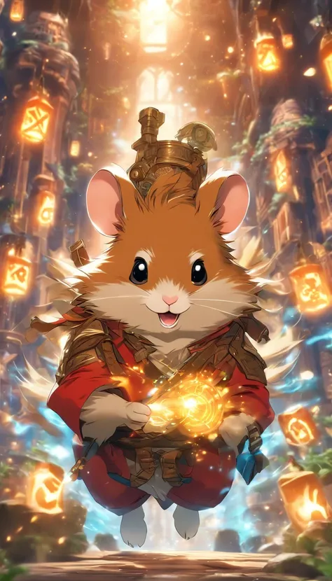 (masterpiece, best quality), anthropomorphic hamster, adventurer gear with elaborate details, rpg style, secret temple, glowing runes, mysterious, dynamic lighting