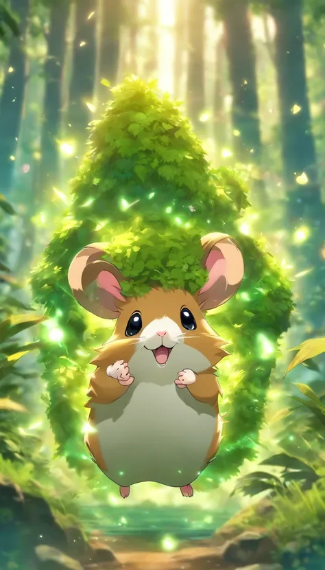 (masterpiece, best quality), anthropomorphic hamster, adventurer gear with elaborate details, rpg style, mystical forest with lush vegetations, misty, mysterious, dynamic lighting