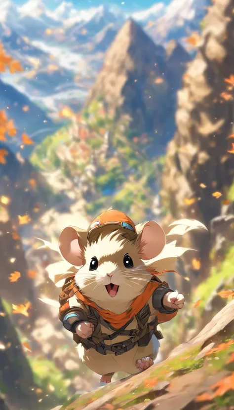 (masterpiece, best quality), anthropomorphic hamster, adventurer gear with elaborate details, rpg style, climbing a mountain, mountain range with elaborate details, cinematic, dynamic lighting