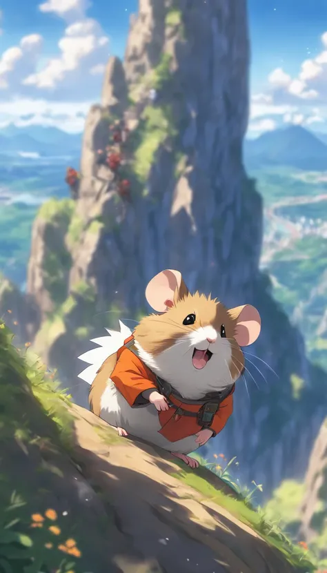 (masterpiece, best quality), anthropomorphic hamster, adventurer gear with elaborate details, rpg style, climbing a mountain, mountain range with elaborate details, cinematic, dynamic lighting