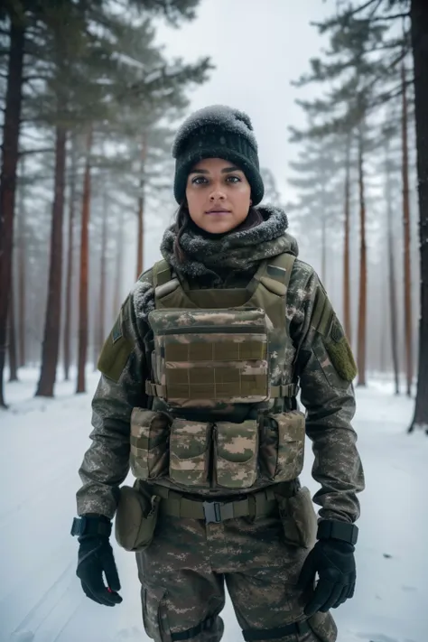 a beautiful brunette soldier girl, wearing winter camo military gear, camo plate carrier rig, combat gloves, ar-15, during a sno...