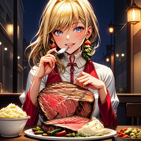 //Character 1girl, Gourmet girl, chest up shot, perfect body, slim curve, ultra detailed face, super beautiful, innocent, cute girl, thin eyeblow, round face, smiling full of compassion, full opened mouth, glossy lips, beautiful long blonde hair, upstyle, ...