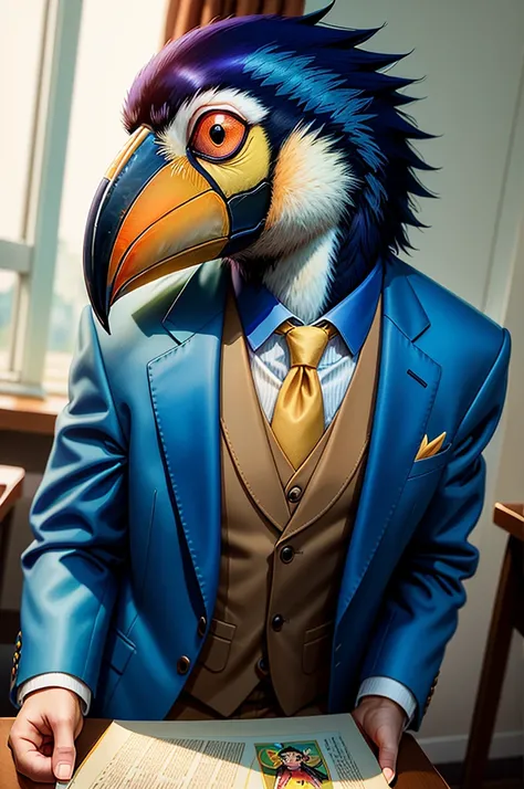 There is a toucan standing in the classroom，largeeyes,holding a book in his hands,Wear a suit,  Highly Detailed 4K Digital Art, Digital art details, stunning digital illustration, Anthropomorphic Toucan, Artistic digital details 4k, Draw numbers cute, 4K d...