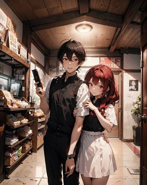 there is a man and red hair woman taking a selfie in a bathroom mirror, kda and sam yang, ruan jia and brom, cai xukun, ruan cute vtuber, lovely couple, & jeehyung lee & wlop, ruan jia and fenghua zhong, profile pic, jk uniform, they are siblings