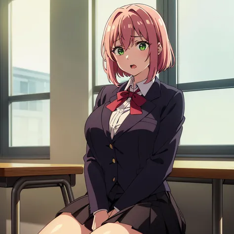 1girl, alone, hakari hanazono, short hair, hair ornament, (green eyes), pink hair, flower, hair flower, hair between the eyes, side locks, seductive, embarrassed, open mouth, skirt, shirt, bow, school uniform, blazer, white shirt, neckline, pleated skirt, ...