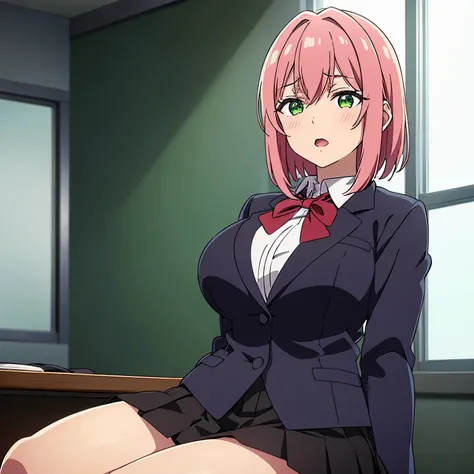 1girl, alone, hakari hanazono, short hair, hair ornament, (green eyes), pink hair, flower, hair flower, hair between the eyes, side locks, seductive, embarrassed, open mouth, skirt, shirt, bow, school uniform, blazer, white shirt, neckline, pleated skirt, ...