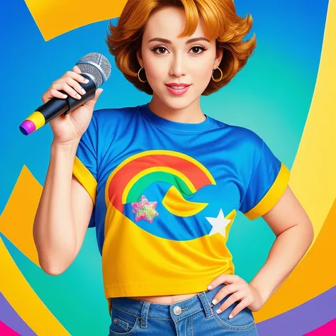 "(Mature and realistic portrayal:1.2) Sailor Mercury exuding confidence as she holds a microphone, her blonde hair cascading down, adorned in stylish rainbow denim clothes from the 2000s, with a backdrop filled with donuts."