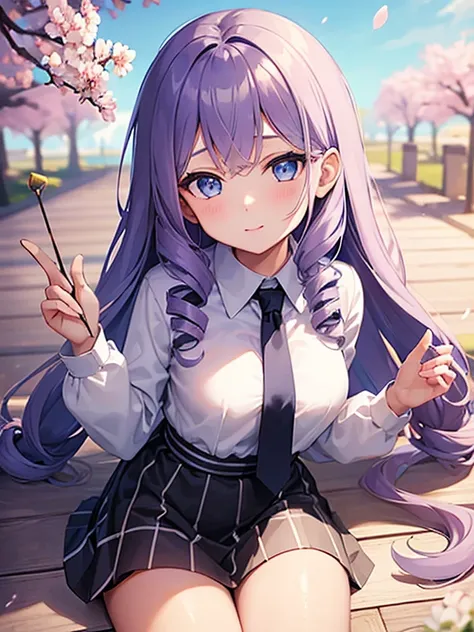 A portrait of a young girl with long violet wavy hair and drill curls, side-swept bangs, blue eyes, ligh tanned skin, soft smile, wearing white long sleeved blouse with black necktie, blue checkered skirt, at a cherry blossom park