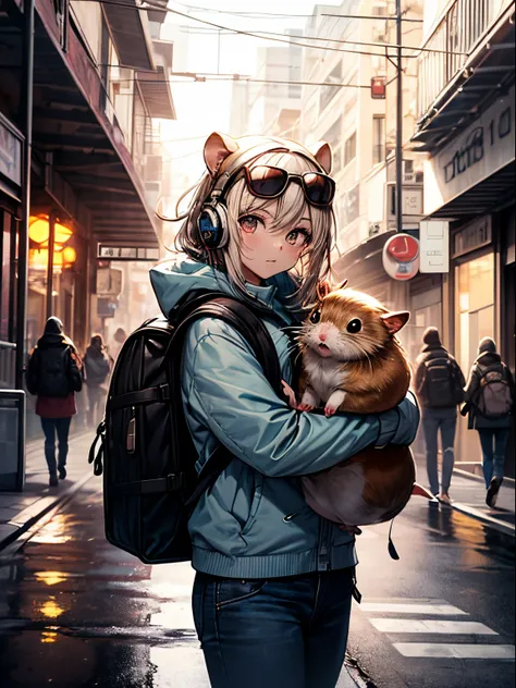 (Best quality,A high resolution:1.2),Beautiful masterpiece:1.2, Hamster Adventurer, Carrying a rucksack, Headphones and sunglasses on his head, A curious adventure on a busy street