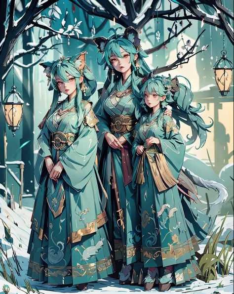 Lazy, A girl and a green-haired fox layying on a branch:1.1, Large breasts, Raised sexy, seductive, ethereal fox, nine tail fox, Fox three-tailed fox, Onmyoji detailed art, Nine tails, A beautiful artwork illustration，mythological creatures, green hanfu, I...