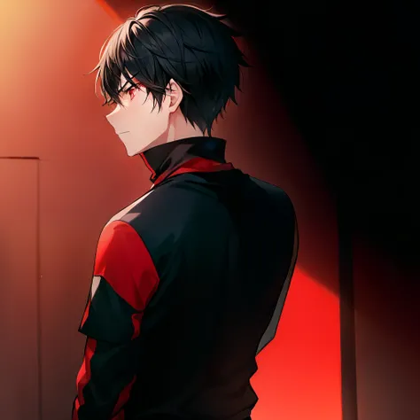 1 boy, black hair,  red eyes, volleyball jersey, annoyed, serious