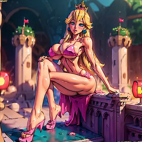 (masterpiece), (best quality), (ultra detailed creation), young lady, ((bikini transparent)), (locate in a castle), huge breasts, thighs, blush, seductive pose, (((solo)))