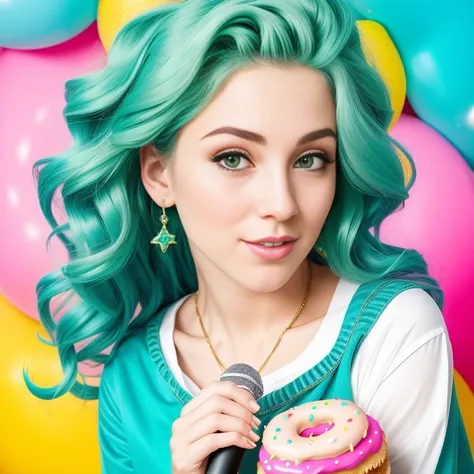 "(Mature and realistic portrayal:1.2) Sailor Neptune (Sea-green hair) exuding confidence as she holds a microphone, her blonde hair cascading down, adorned in stylish rainbow denim clothes from the 2000s, with a backdrop filled with donuts."