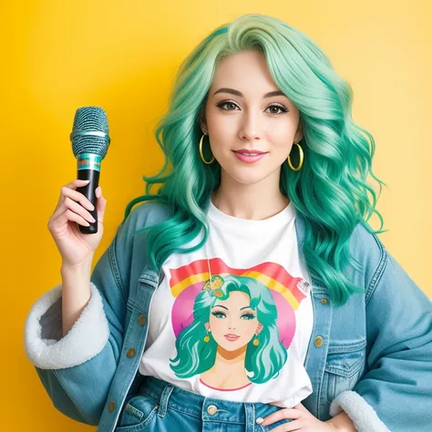 "(Mature and realistic portrayal:1.2) Sailor Neptune (Sea-green hair) exuding confidence as she holds a microphone, her blonde hair cascading down, adorned in stylish rainbow denim clothes from the 2000s, with a backdrop filled with donuts."