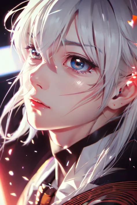 male people，((masutepiece)), ((Best Quality)), ultra-detailliert,((Illustration)), Dynamic Angle, Detailed light, (Delicate eyes), 1boy, Male Focus, White hair, Very long hair, Red Eyes, mysterious story, Vibrant colors, Clear lines, High Sharpness, Detail...