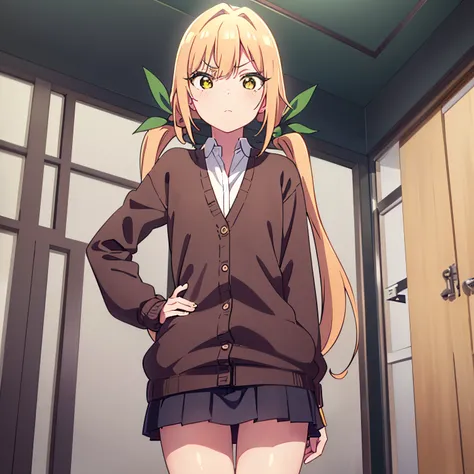 pov (from below), 1girl, alone, karane inda, blonde hair, (yellow eyes), hair ribbon, pigtails, low pigtails, long hair, (green ribbon), embarrassed, seductive, small breasts, medium waist, medium hips, wide thighs skirt, shirt, school uniform, white shirt...