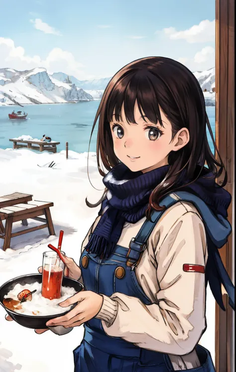 best quality, detailed background, girl,sea, cafeteria, bird, snow, winter,