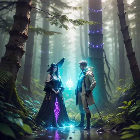 male character standing next to a Bioluminescent woman with a glowing dress , dark forest --auto --s2