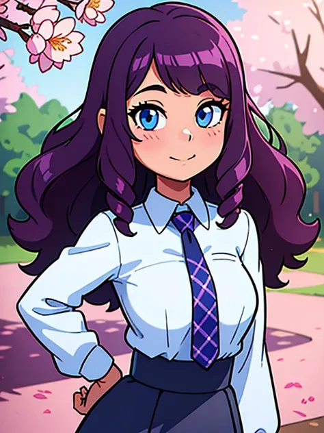 A portrait of a girl with long dark purple wavy hair and drill curls, side-swept bangs, blue eyes, ligh tanned skin, soft smile, wearing white long sleeved blouse with black necktie, blue checkered skirt, at a cherry blossom park