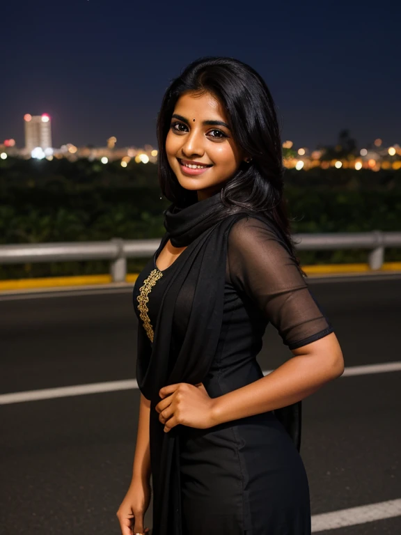 portrait, Tamil girl, beautiful face, (bright smile:1.1), thick black hair, tight kurti shawl patiala pants, 34C, grey eyes, cute, look at viewer, full body shot from bottom, night city, standing on the road, night stars moon buildings in the background