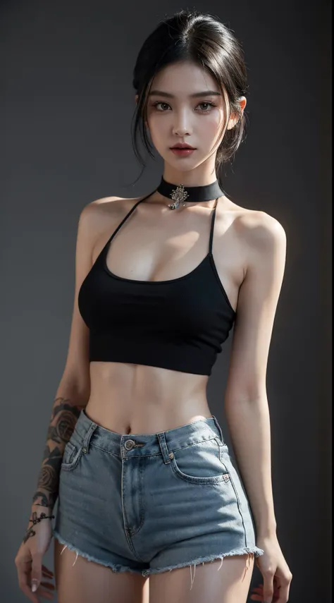 Generate a visually captivating image of a woman with short, sleek black hair. She is adorned with intricate tattoos on her arms, wearing a stylish choker, a cropped top that perfectly complements her toned midriff, and fashionable short shorts that showca...